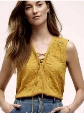 Anthro Maeve Mustard Lace Up Tank Embroidered Sleeveless Top Medium